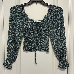 ASTR The Label XS Floral Smocked Long Sleeve Blouse In Blue & White